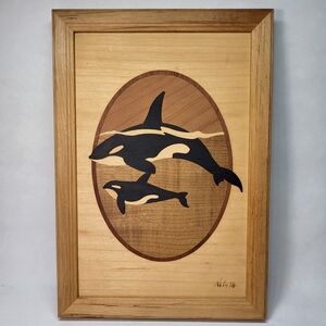 Hudson River Inlay Orca Whales Framed Marquetry Wood Art 7x10 PICTURE Ocean Sea